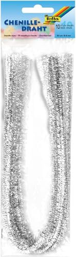 folia 77860 - Chenilledraht, Pfeifenputzer, 10 Stück in silber, Durchmesser 8 mm und 50 cm lang, ideal für Kinder zum Basteln und Gestalten von Tieren, Figuren und anderen Formen