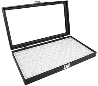 Novel Box Grand présentoir à bijoux en similicuir noir + plateau pour 50 bocaux en blanc + pochette personnalisée NB