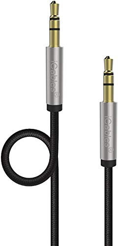 iCables Aux Cable 3.5mm Audio Cable - Jack to Jack cable / Braided Auxiliary Cable - Works with Portable speakers, Car Stereo, Mobile MP3 / MP4 Players, PC / Laptop and more - Audio Jack / AUX Lead / Car Aux cable - Length = 4.9ft / 1.5M