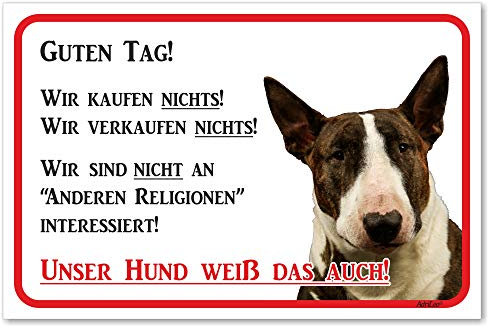 AdriLeo Schild - Vorsicht Bullterrier - Wir kaufen Nichts - (20x30cm) / Dunkelbraun/weiß - Achtung Hund Wachhund robust langlebig UV-beständig wetterfestes Warnschild