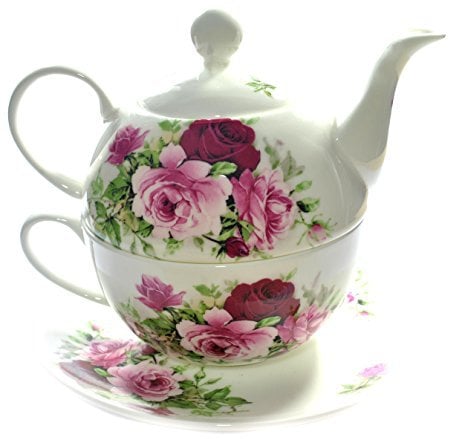 Hand Decorated Bone China Summertime Pink Rose 8 Fl Oz Tea-for-one Teapot and Cup Set