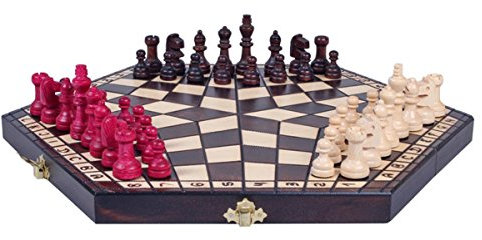 Medium 3 Player Chess Set - 40cm hexagonal Board with Edge Numbers, Brown, White and red Pieces