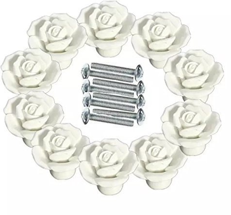 FBSHOP(TM) White 10 PCS 40mm DIY Vintage Rose Flower Ceramic Door Knob Drawer Pull Handle Cabinet Cupboard Wardrobe Home Hardware