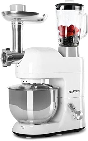 Klarstein Lucia Bianca - Robot da Cucina, Impastatrice, Planetaria con Tritacarne, 2000 W, 5 L, Mixer con Sistema Planetario, Ganci per Pasta, Shaker da 1,5 L, Velocità Regolabile, Bianco Fumo