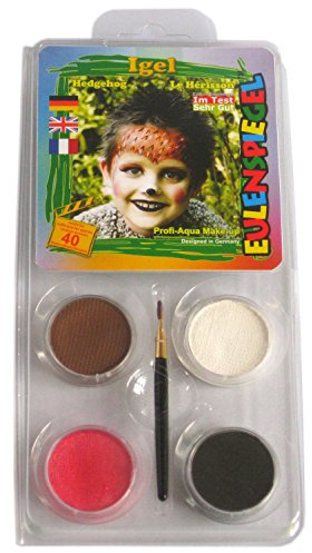 Eulenspiegel 204580 - Motiv-Set Igel, 4 Farben, 1 Pinsel, 1 Anleitung, für ca. 40 Masken, Karneval, Motto-Party | Mit Pinsel & Anleitung, Schminkfarben für ca. 40 Masken, für Karneval & Mottopartys