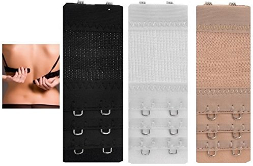 3 Extenders Strap 3 x 2 Hooks Bra Extender Extension Strap in 3 Colours (Black White Nude) 4cm