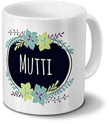 printplanet Tasse mit Namen Mutti - Motiv Flowers - Namenstasse, Kaffeebecher, Mug, Becher, Kaffeetasse - Farbe Weiß