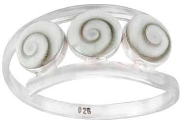 Silverly Dreifacher Shiva-Augen-Muschelring aus Sterlingsilber | Natürlicher Mediterraner Schmuck aus St. Lucia-Stein | Verstellbarer 925er Silberring mit Weißer Spiralmuschel für Damen