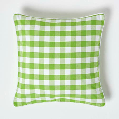 HOMESCAPES Green and White Gingham Cushion Cover 45 x 45 cm (18” x 18”) Block Check Pattern 100% Cotton Decorative Square Cushion