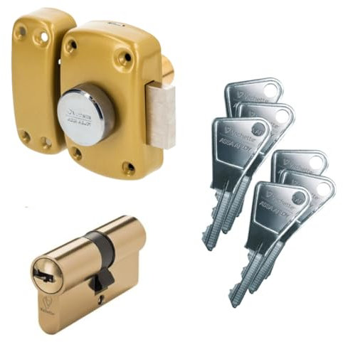 Vachette 671600MN/SC Verrou CYCLOP à bouton et cylindre 5 goupilles diamètre 23 mm, longueur 45 mm, 3 clés, bronze + Cylindre 30x30 mm laiton