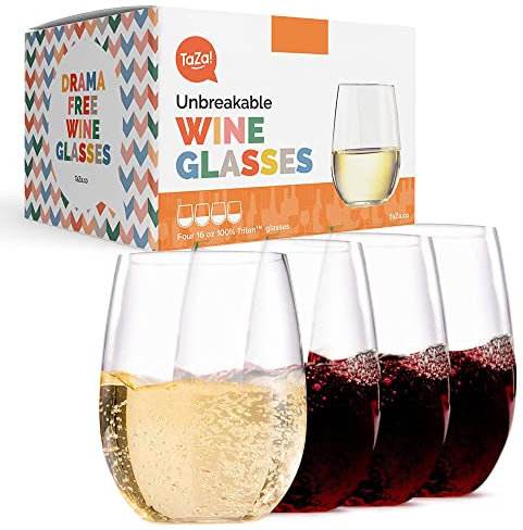 TaZa! Bicchieri infrangibili da vino e cocktail – in plastica Tritan 100% infrangibile, bicchieri per vino bianco o rosso, cocktail o qualsiasi bevanda – per interni o esterni – ideali per piscina, spiaggia, patio, barca e campeggio – 473 ml –Set di 4 bicchieri da vino – trasparenti, senza BPA e lavabili in lavastoviglie