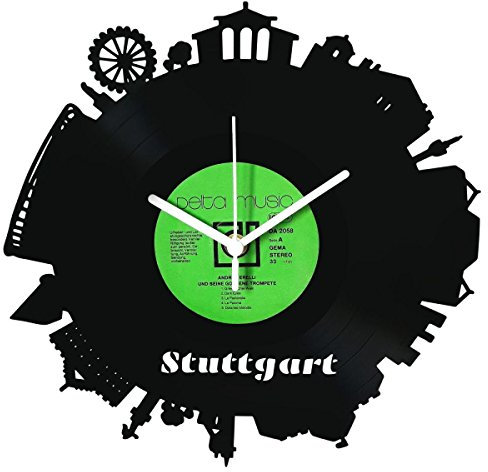 GRAVURZEILE Schallplattenuhr - Skyline Stuttgart 2018 - Wanduhr aus gegossenem Vinyl mit Stadt Skyline 30 cm - Upcycling Design-Uhr Wand-Deko Vintage-Uhr Wand-Dekoration Retro-Uhr - Made in Germany