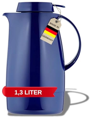 Helios Servitherm Thermoskanne Dunkelblau 1,3L – 6h Heiß - Hält Getränke heiß & kalt – Einhandbedienung - Robustes Design für Kaffee & Tee
