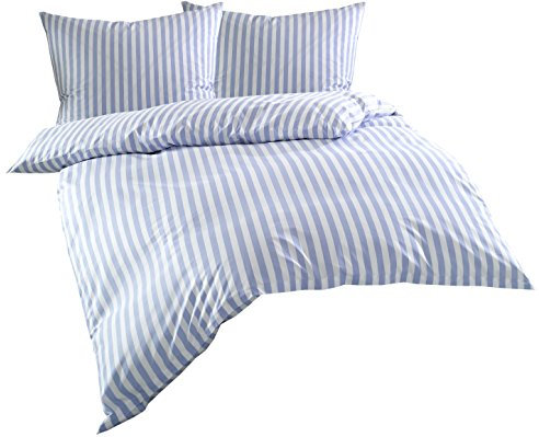 Mako Batist/Mako Perkal Landhaus Bettwäsche Streifen Oslo gestreift (240 cm x 220 cm + 2X 80 cm x 80 cm, Blau - Streifen)