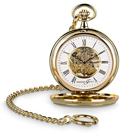 Hermann Jäckle Stilvolle Taschenuhr Bayreuth vergoldet mit Handaufzug Skelettwerk | Mineralglas | Qualitätshandwerk inkl. Kette und Reiseetui