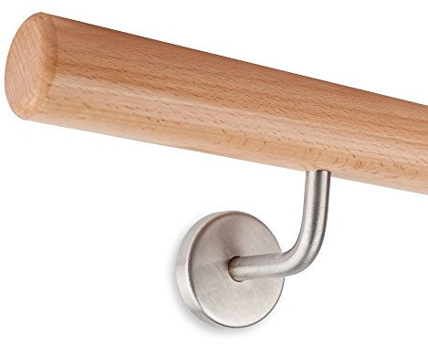 Pasamanos de Madera de Haya, 45 mm, redondo con soportes de acero (130 cm + 2 soportes)