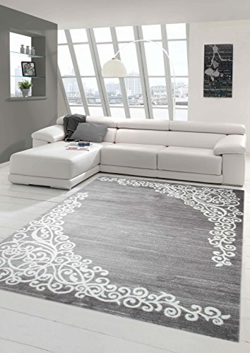Moderner Teppich Designer Teppich Orientteppich mit Glitzergarn Wohnzimmer Teppich mit Floral Muster Meliert in Grau Creme Größe 120x160 cm