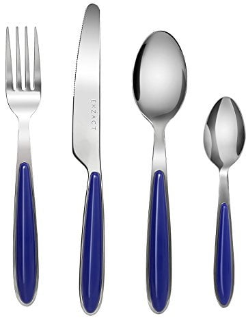 Exzact Rostfrei Stahl Besteck Set einem Plastikhalter 16 PCS - Farbige Griffe - 4 Gabeln, 4 Messer, 4 Löffel, 4 Teelöffel - Blau (EX07 x 16)