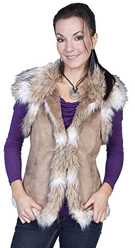 Scully Women's Faux Fur Shoulder and Trim Vest Hazelnut Medium
