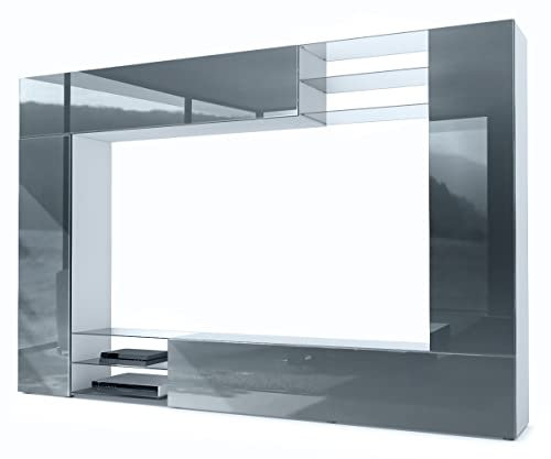 Vladon Wohnwand Mirage, Made in Germany, Anbauwand mit Rückwand mit 2 Türen, 2 Klappen und 6 offenen Glasablagen, Weiß matt/Grau Hochglanz (262 x 183 x 39 cm)