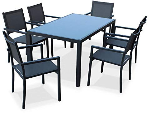 Alice's Garden - Comedor de Jardin, Conjunto de Mesa y sillas de Aluminio y textileno - Antracita/Gris - 6 plazas - Capua