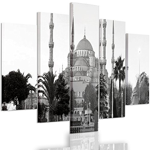 Feeby. Leinwandbild - 5 Teile - Bilder, Wand Bild, Wandbilder, Kunstdruck XXL, 5-Teilig, Typ A, 100x70 cm, ARCHITEKTUR, BLAU, SULTAN AHMED MOSCHEE, TÜRKEI, SCHWARZ UND WEIß