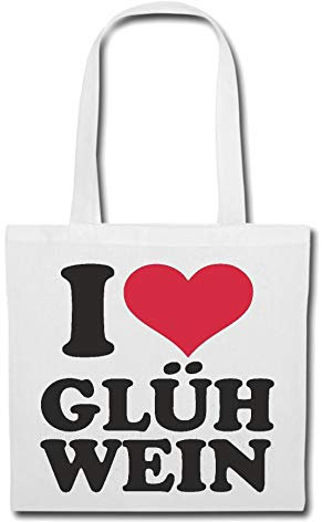 Reifen-Markt Tasche Umhängetasche I LOVE GLÜHWEIN - WEIHNACHTSMARKT - GLÜHWEINBECHER - GLÜHWEINSTAND - NIKOLAUS Einkaufstasche Schulbeutel Turnbeutel in Weiß