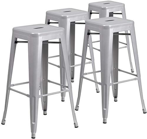 Flash Furniture 4 Stück in der Packung 76,2 cm hoher rückenfreier silberner Barhocker mit quadratischem Sitz aus Metall für innen und außen