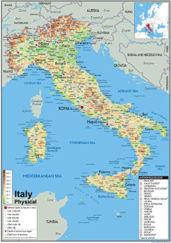 Physical Map of Italy - Size A0-84.1 x 118.9cm - Paper Laminated | Detailed Laminated Wall Map, Ideal For Home, Office Or Classroom Display.