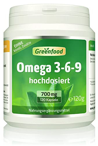 Omega 3,6,9, hochdosiert, 700mg - 120 Kapseln (Softgel). Reich an EPA, DHA - Trägt zu Herz, Blutdruck und Cholesterinspiegel bei. - Im Labor getestet. Von Greenfood.