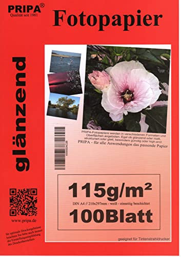pripa 100 Blatt Fotopapier DIN A4, 115g/qm, extra leicht leicht - dünn, glossy glaenzend -sofort trocken -wasserfest-hochweiß-sehr hohe Farbbrillianz, fuer InkJet Tinten Drucker