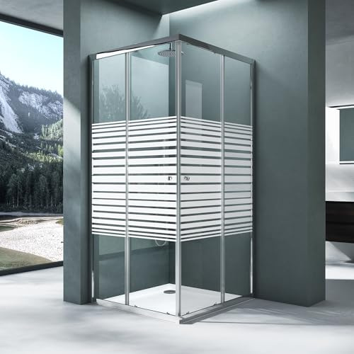 Mai & Mai Duschkabine mit Doppel-Schiebetür 100x90cm Eckeinstieg | Eckdusche Duschabtrennung, Milchglas-streifen 6mm ESG-Sicherheitsglas Ravenna16MS