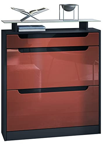 Vladon Schuhschrank Fiesta, Schwarz matt/Bordeaux Hochglanz/Schwarz Hochglanz - Schuhkipper für 16 Paar Schuhe (89 x 104 x 23 cm)