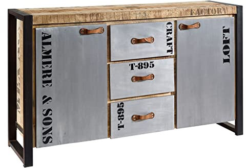 Massivmoebel24.de | Factory Sideboard aus Massivholz #132 | aus Mango-Holz - Natur, Bedruckt | 3 Schubladen - 2 Türen | 145x40x85 cm | Kommode Tv-Sideboard Wohnzimmer-Schrank