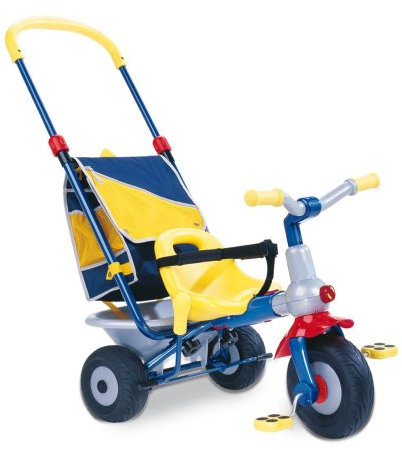 Berchet 414006 - Top Dreirad Baby Too Metallrahmen, mitwachsend mit Schiebestange, Freilauf, Gurt, Rucksacktasche, Kippmulde, zerlegbar blau/grau/rot