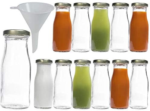 Viva Haushaltswaren Lot de Bouteilles en Verre/Bouteilles de Lait 250 ML avec Entonnoir à vis – argentées, Verre, Couvercle doré, 12 x 156ml