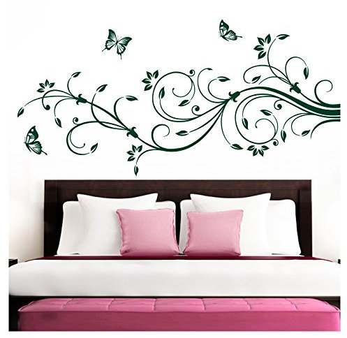 Grandora Wandtattoo XXL Blumenranken Schmetterlinge Blumen I dunkelgrün (BxH) 90 x 39 cm I Schlafzimmer Liebe Flur Wohnzimmer modern Aufkleber Wandaufkleber W1073