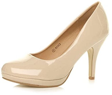 Ajvani Womens Ladies mid high Heel Platform Work Evening Court Shoes Pumps, 5 UK, Nude Patent