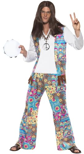 Smiffys Groovy Hippie Costume, Multi-Coloured Top with Attached Waistcoat, Trousers and Headband, 1960's Groovy Fancy Dress, Adult Dress Up Costumes