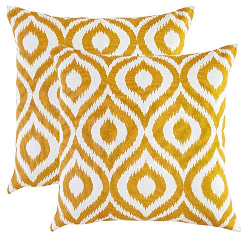 TreeWool Dekorativer Kissenbezug (40 x 40 cm, Senffarben) Ikat Ogee Design 100% Baumwolle (2er Pack)