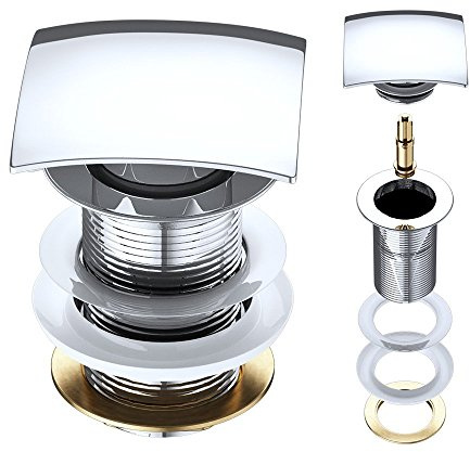 Durovin Bathrooms Push Pop Up Chrome Basin Waste Plug - Unslotted Suitable for Sink Without Overflow - Rising Square Push Button (PU06)