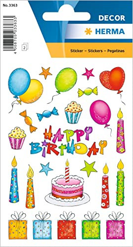 HERMA 3363 Aufkleber Geburtstag Glitzer, 46 Stück, Geschenk Sticker mit Happy Birthday Schriftzug Luftballons Kerzen Kuchen Torte, Kinder Geschenkaufkleber für Glückwünsche Herzlichen Glückwunsch Deko