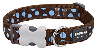 Red Dingo Bucklebone Dog Collar Design, Blue Spots on Brown, Small 15mm