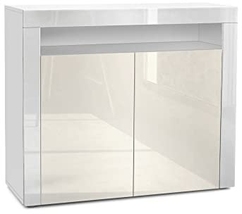 Vladon Kommode Valencia, Made in Germany, Sideboard mit 2 Türen und 1 offenem Fach, Weiß matt/Creme Hochglanz/Weiß Hochglanz (108 x 92 x 40 cm)