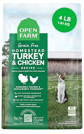 Open Farm, Grain Free Dry Cat Food, High-Protein Kibble for a Complete & Balanced Diet, Non-GMO Fruits & Vegetables, Prebiotic Fibers to Support Digestion, Homestead Turkey & Chicken Recipe, 4lb Bag