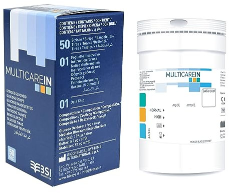 Multicare In - Strisce Glucosio, Test Glicemia, per Lettore Multicare In, Biosensore con 1 Chip, Strisce in Barattolo e Astuccio - 50 Strisce