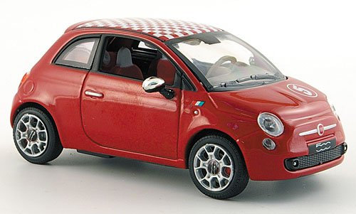 Fiat 500, rot, weiss-kariertes Dach, 2007, Modellauto, Fertigmodell, Norev 1:43