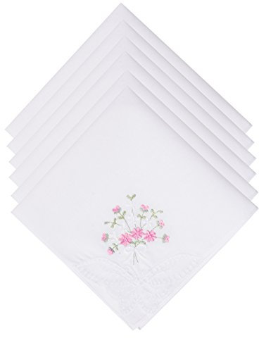 Selected Hanky Damen Baumwolltaschentücher Blumen bestickt mit Spitze Damen Einstecktücher 6 Stück – Rosa Blumenmuster