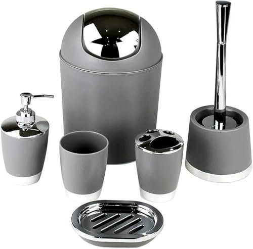 6tlg Badset Badezimmer Zubehör Set Organizer: Seifenspender, Zahnputzbecher, Kosmetikeimer, WC Bürste und Halter, Seifenschale, Mülleimer, Zahnbürstenhalter, Badgarnitur (Grau Design 1)