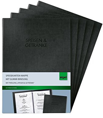 SIGEL SM116/5 Speisekarten-Mappen mit Gummi-Bindung für A5, 5-er Pack, schwarz mit edler Leinenstruktur, strapazierfähig und leicht abwischbar